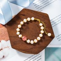 Freshwater Cultured Pearl Bracelet Brass with Freshwater Pearl & Strawberry Quartz fashion jewelry white 7cm Sold By Strand
