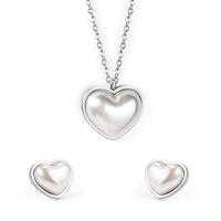 Fashion Stainless Steel Jewelry Sets, Stud Earring & necklace, with Plastic Pearl, Heart, plated, fashion jewelry & for woman, more colors for choice, 3Sets/Lot, Sold By Lot