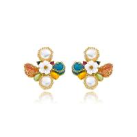 Brass Stud Earring, with Natural Stone & Crystal & Plastic Pearl, plated, fashion jewelry, multi-colored, Sold By Pair