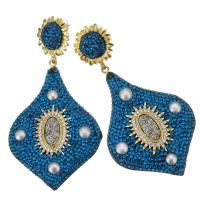 Boucles d'oreilles en perles d'eau douce, argile, avec perle & alliage de zinc, pour femme & avec strass, bleu, 85mm,43x64mm, Vendu par paire
