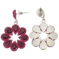 Strass Ohrring, Ton, mit Zinklegierung, Blume, für Frau & hohl, rosarot, 57mm,37x41mm, verkauft von Paar