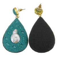 Freshwater Pearl Earrings Rhinestone Clay Pave with pearl & Zinc Alloy for woman green 66mm Sold By Pair