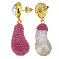 Freshwater Pearl Earrings Rhinestone Clay Pave with pearl & Zinc Alloy for woman rose pink 49mm Sold By Pair
