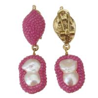 Boucles d'oreilles en perles d'eau douce, argile, avec perle & alliage de zinc, pour femme, rose, 52mm,17x28mm, Vendu par paire