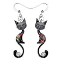 Tibetan Style Drop Earrings, Cat, enamel & with rhinestone, more colors for choice, 45mm, 10Pairs/Lot, Sold By Lot