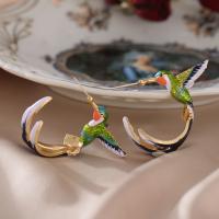 Brass Stud Earring Hummingbird gold color plated for woman & enamel green 23mm Sold By Lot