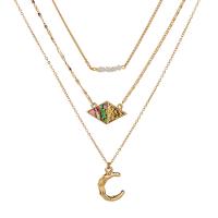 Mode-Multi-Layer-Halskette, Zinklegierung, mit Seeohr Muschel & Kunststoff Perlen, plattiert, Modeschmuck, Goldfarbe, verkauft von Strang