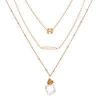 Mode-Multi-Layer-Halskette, Zinklegierung, mit Naturstein & Kunststoff Perlen, plattiert, Modeschmuck, Goldfarbe, verkauft von Strang