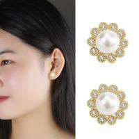 Brass Stud Earring with Cubic Zirconia & Plastic Pearl plated fashion jewelry & for woman Sold By Pair