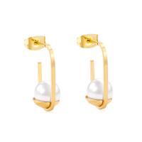 Stainless Steel Stud Earrings, with Plastic Pearl, plated, fashion jewelry & for woman, gold, 3Pairs/Lot, Sold By Lot
