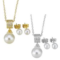 Fashion Stainless Steel Jewelry Sets Stud Earring & necklace with Shell Pearl plated micro pave cubic zirconia & for woman 22mm 1.5mm 6mm Length Approx 17 Inch Sold By Lot