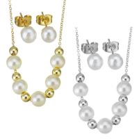 Fashion Stainless Steel Jewelry Sets, Stud Earring & necklace, with Shell Pearl, plated, for woman, more colors for choice, 6mm,1.2mm,6mm, 10Sets/Lot, Sold By Lot