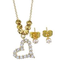 Cubic Zirconia Stainless Steel Jewelry Sets, Stud Earring & necklace, gold color plated, micro pave cubic zirconia & for woman, 13x15mm,1.2mm,3mm, Length:Approx 17 Inch, 10Sets/Lot, Sold By Lot