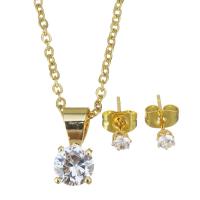 Cubic Zirconia Stainless Steel Jewelry Sets, Stud Earring & necklace, gold color plated, micro pave cubic zirconia & for woman, 6x12mm,1.5mm,3mm, Length:Approx 17 Inch, 10Sets/Lot, Sold By Lot
