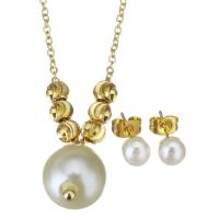 Parures de bijoux en acier inoxydable, Boucle d’oreille stud & collier, avec Shell Pearl, Placage de couleur d'or, pour femme, 10x15mm,1.2mm,6mm, 10ensemblessérie/lot, Vendu par lot