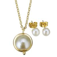 Fashion Stainless Steel Jewelry Sets, Stud Earring & necklace, with Shell Pearl, gold color plated, for woman, 12x18mm,1.5mm,6mm, Length:Approx 17 Inch, 10Sets/Lot, Sold By Lot