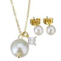 Cubic Zirconia Stainless Steel Jewelry Sets, Stud Earring & necklace, with Shell Pearl, gold color plated, micro pave cubic zirconia & for woman, 10x16mm,1.2mm,6mm, Length:Approx 18 Inch, 10Sets/Lot, Sold By Lot