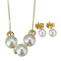 Fashion Stainless Steel Jewelry Sets, Stud Earring & necklace, with Shell Pearl, gold color plated, for woman, 8mm,1.2mm,6mm, Length:Approx 17 Inch, 10Sets/Lot, Sold By Lot