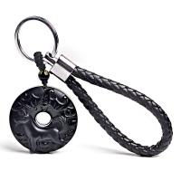 Schlüsselanhänger, Obsidian, mit PU Leder & Zinklegierung, unisex & verschiedene Muster für Wahl, schwarz, 45x10mm, verkauft von PC
