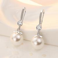 Brass Drop Earring, with Plastic Pearl, Round, silver color plated, fashion jewelry, 30x10mm, Sold By Strand