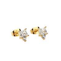 Brass Stud Earring, gold color plated, for woman & with rhinestone, 6x8mm, Sold By Pair
