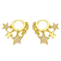 Huggie Hoop Drop Earring, Brass, Star, plated, micro pave cubic zirconia, golden, 29x14mm, Sold By Pair