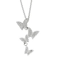 Stainless Steel Jewelry Necklace, Butterfly, silver color plated, fashion jewelry & for woman & with rhinestone, 37mm,10x13mm,1.5mm, Sold Per 15 Inch, 2 Inch Strand