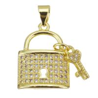 Cubic Zirconia Micro Pave Brass Pendant, Lock, plated, fashion jewelry & micro pave cubic zirconia & for woman, gold, nickel, lead & cadmium free, 15x20x3mm, 10PCs/Lot, Sold By Lot