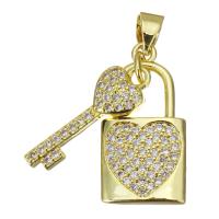 Cubic Zirconia Micro Pave Brass Pendant, Lock, plated, fashion jewelry & micro pave cubic zirconia & for woman, gold, nickel, lead & cadmium free, 11x22x2mm, 10PCs/Lot, Sold By Lot