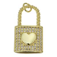 Cubic Zirconia Micro Pave Brass Pendant, Lock, plated, fashion jewelry & micro pave cubic zirconia & for woman, gold, nickel, lead & cadmium free, 14x24x3mm, 10PCs/Lot, Sold By Lot