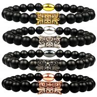 Gemstone Bracelets, Obsidian, with Cubic Zirconia & Brass, fashion jewelry & elastic & DIY, more colors for choice, 190x8mm, Sold Per Approx 7.5 Inch Strand