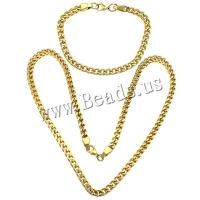 Stainless Steel Armbånd og halskæde, guldfarve belagt, bremse kæde, 9x6x1.5mm, Længde Ca. 24 inch, Ca. 10 inch, 10sæt/Lot, Solgt af Lot