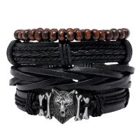 PU Leather Cord Bracelets Zinc Alloy with Linen & PU Leather & Wax Cord 4 pieces & Adjustable & fashion jewelry & handmade & Unisex nickel lead & cadmium free 17-18cm Sold By Set