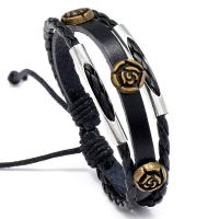 PU Leather Cord Bracelets, Tibetan Style, with PU Leather & Wax Cord, Adjustable & fashion jewelry & Unisex, black, nickel, lead & cadmium free, 17-18cm, Sold By Strand
