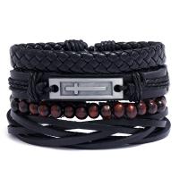 Wrap Bracelet, Tibetan Style, with PU Leather & Wax Cord, 4 pieces & Adjustable & fashion jewelry & handmade & Unisex, black, nickel, lead & cadmium free, 17-18cmuff0c6cm, Sold By Set