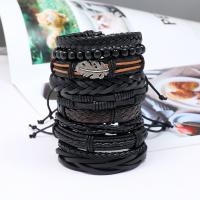 Wrap Bracelet, Tibetan Style, with PU Leather & Wax Cord, 10 pieces & Adjustable & fashion jewelry & handmade & Unisex, nickel, lead & cadmium free, 17-18cmuff0c6cm, Sold By Set