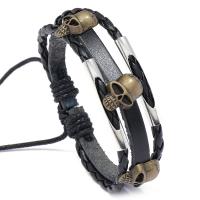 PU Leather Cord Bracelets Zinc Alloy with PU Leather & Wax Cord Skull Adjustable & fashion jewelry & Unisex black nickel lead & cadmium free 17-18cm Sold By Strand