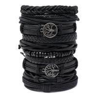 Wrap Bracelet, Tibetan Style, with PU Leather & Wax Cord, 10 pieces & handmade & Unisex, black, nickel, lead & cadmium free, 17-18cmuff0c6cm, Sold By Set