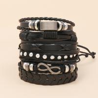 Wrap Bracelet, Tibetan Style, with PU Leather & Wax Cord, 6 pieces & handmade & Unisex, nickel, lead & cadmium free, 17-18cmuff0c6cm, Sold By Set