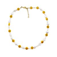 Freshwater Pearl Mässing Chain Necklace, med Lampwork & Mässing, med 1.77inch extender kedja, leende ansikte, kulkedja & för kvinna, 7.80mm, Såld Per Ca 15 inch Strand