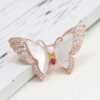 Fashion Brooch Jewelry Brass with White Shell & Plastic Pearl Butterfly gold color plated micro pave cubic zirconia & for woman white Sold By PC