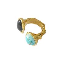 cobre Cuff Ring Finger, with turquesa, 18K banhado a ouro, ajustável & para mulher, níquel, chumbo e cádmio livre, 19mm, tamanho:9-9.5, vendido por PC