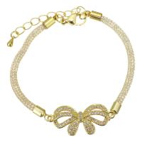 Cubic Zirconia Micro Pave Brass Bracelet, with 1.5 inch extender chain, Bowknot, gold color plated, micro pave cubic zirconia & hollow, 30x13mm, Sold Per Approx 7 Inch Strand