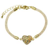 Cubic Zirconia Micro Pave Brass Bracelet, with 2 inch extender chain, Heart, gold color plated, micro pave cubic zirconia, 19x12.5mm,3mm, Sold Per Approx 6.5 Inch Strand