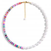 Polymer Clay Necklace with Plastic Pearl gold color plated & for woman multi-colored Sold Per Approx 31.5 Inch Strand