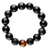 Obsidienne bracelet, avec oeil de tigre, unisexe, noire, 12mm, 17PC/brin, Vendu par brin