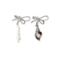 Asymmetric Earrings Brass with Plastic Pearl Bowknot platinum plated for woman & hollow nickel lead & cadmium free Sold By Pair