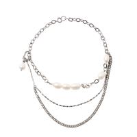 Multi Layer Necklace Brass with Freshwater Pearl platinum plated Twisted Piece Chain & multilayer & oval chain & for woman nickel lead & cadmium free Sold Per Approx 20 Inch Strand