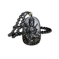 Collar de piedras preciosas joyas, Obsidiana, hecho a mano, Negro, 39x63mm, Vendido por Sarta