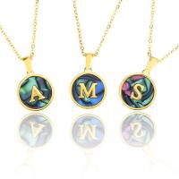 Stainless Steel Jewelry Necklace, with Abalone Shell, Round, gold color plated, with letter pattern, 16x16mm, Length:Approx 18 Inch, Sold By PC